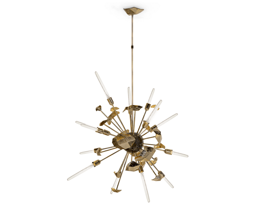 Modern and sculptural sputnik-style ceiling lamp with a gold metal structure, textured details, and cylindrical glass rods