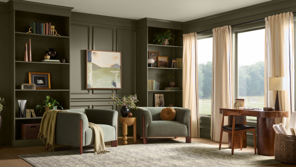 Olive green sitting room with two matching armchairs, built-in bookshelves, and large window with cream curtains. , interior designer trends 2027