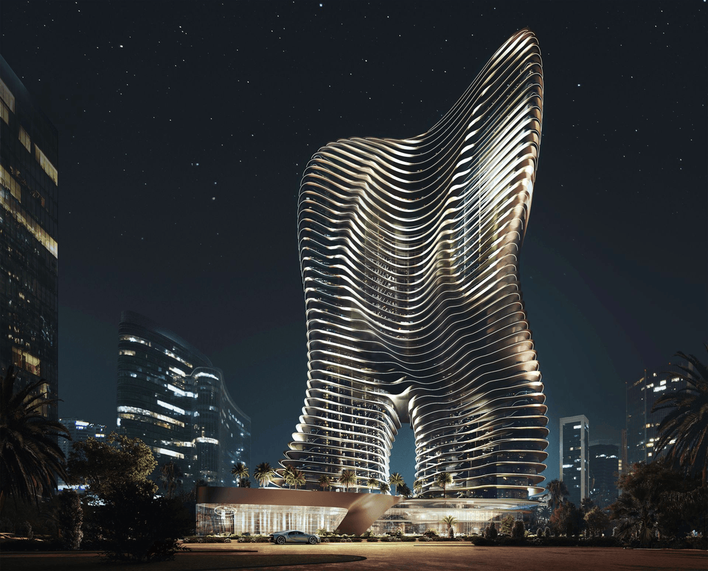 Night architectural rendering of a tall, wave-shaped luxury skyscraper with illuminated balconies.