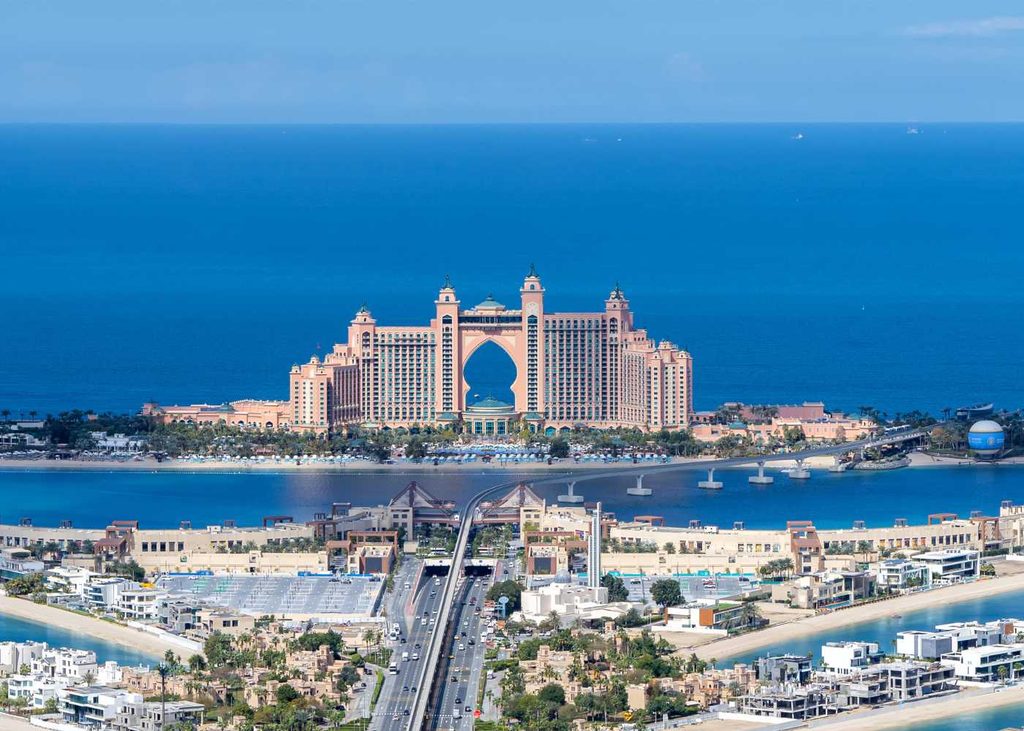 Aerial view of the Atlantis, The Palm resort at the end of the Palm Jumeirah in Dubai surrounded by the sea.