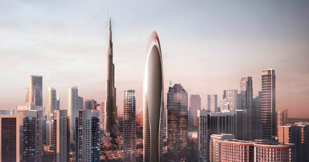 Futuristic oval-shaped skyscraper standing out in the Dubai skyline near the Burj Khalifa.