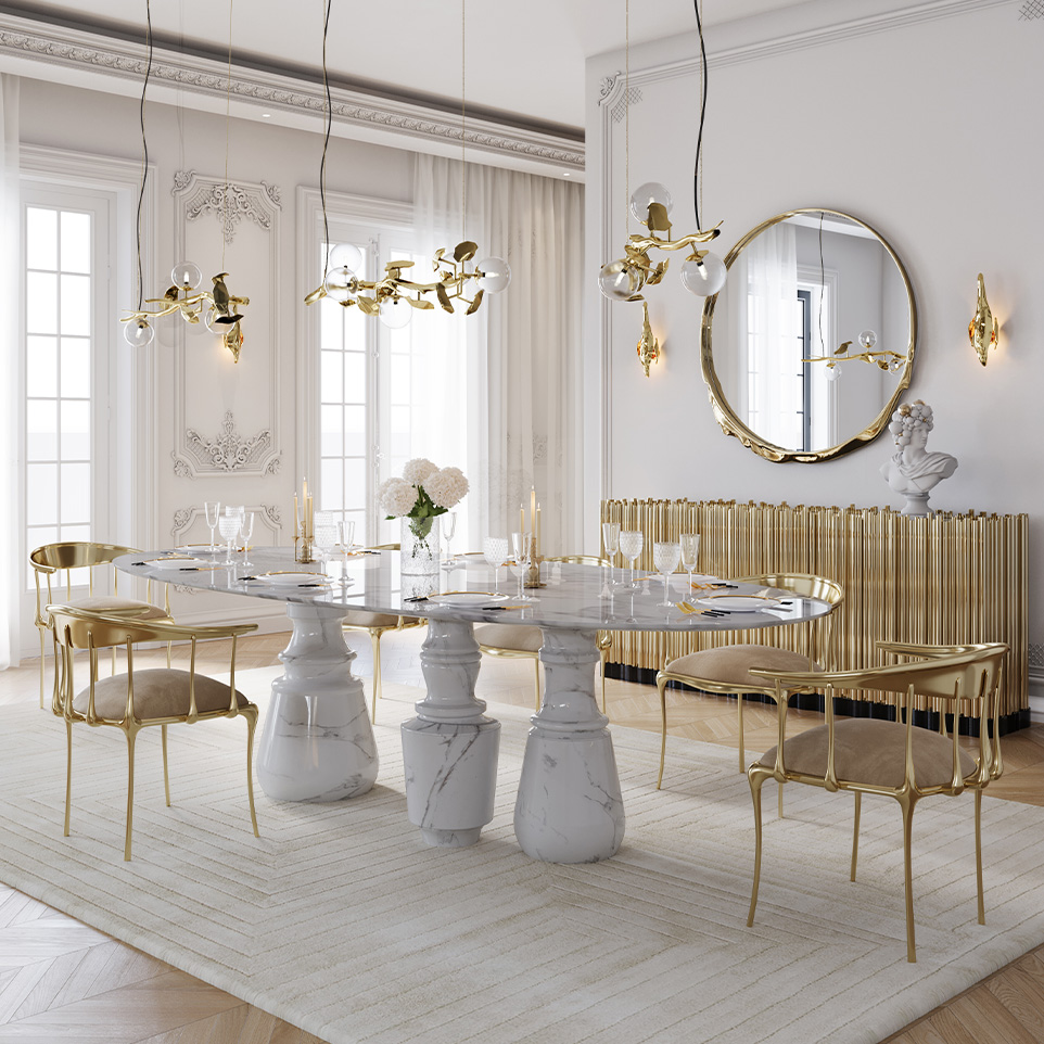 Neoclassical Dining Grandeur with Sculptural Marble and Gold by Boca do Lobo