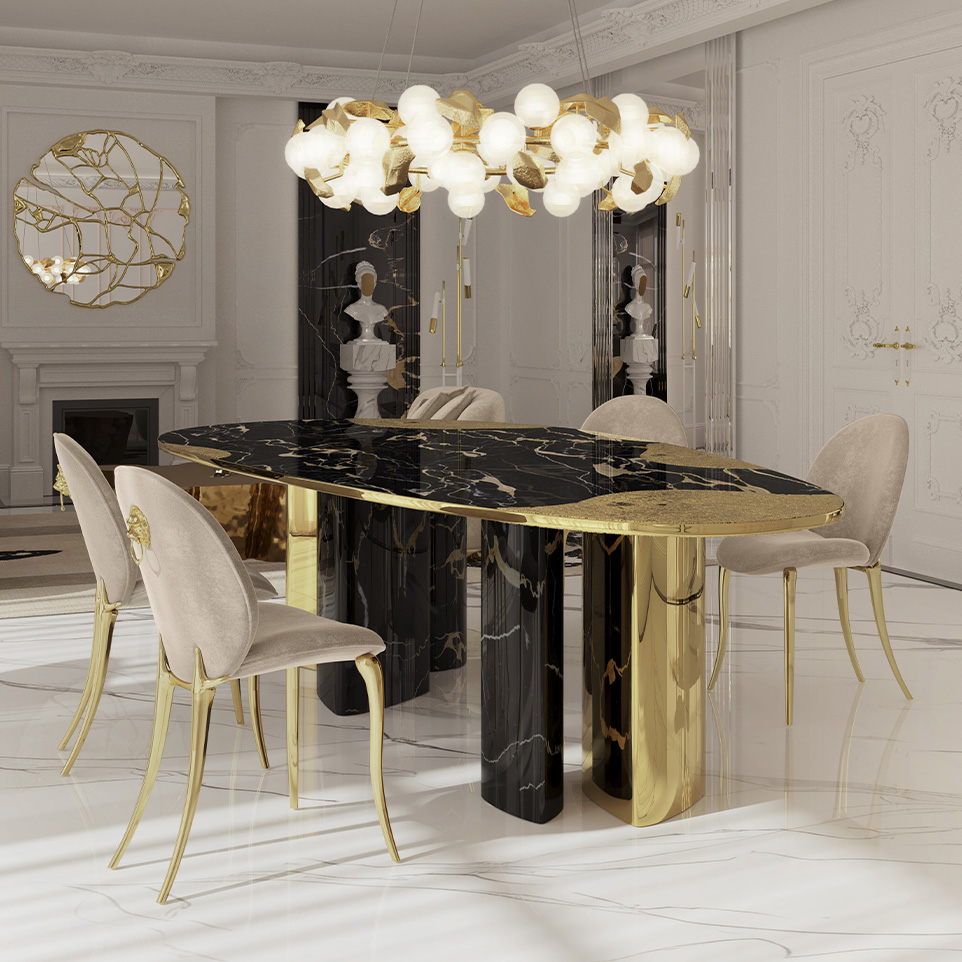 Sophisticated Dark Marble Dining Room with Golden Accents by Boca do Lobo
