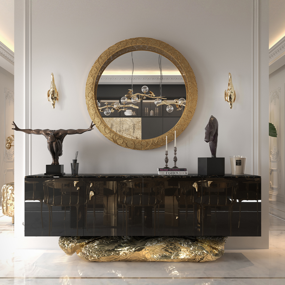 Gilded Coastal Luxury with Angra Sideboard and Filigree Mirror by Boca do Lobo