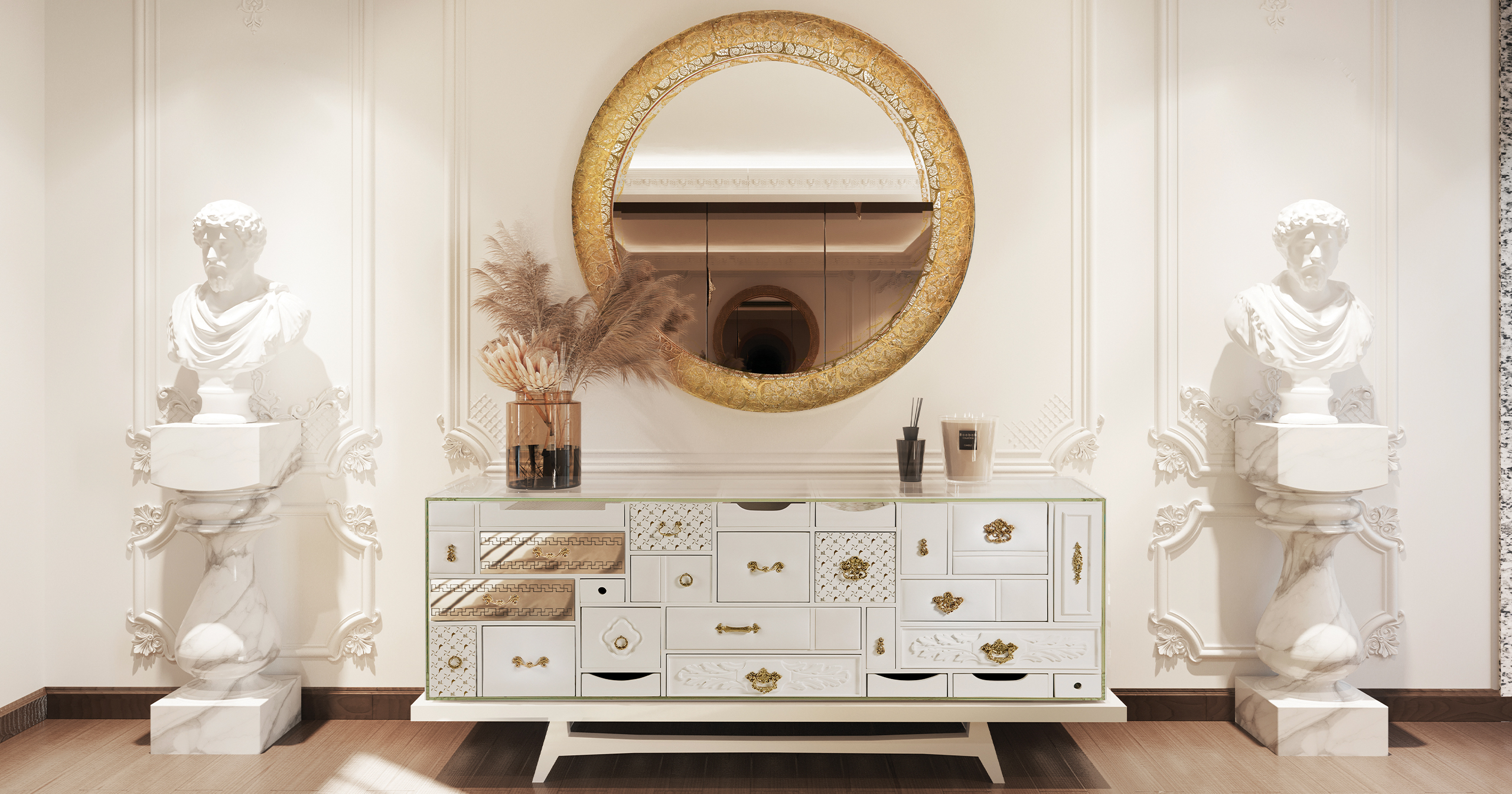 White Mondrian Sideboard and Ring Filigree Luxury Entryway by Boca do Lobo