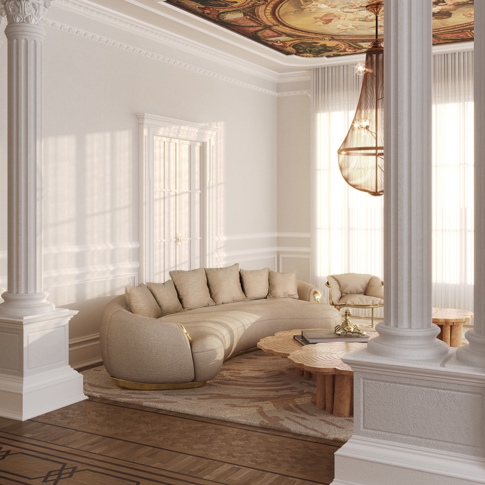 Luxurious Living Room With a Curved Sofa