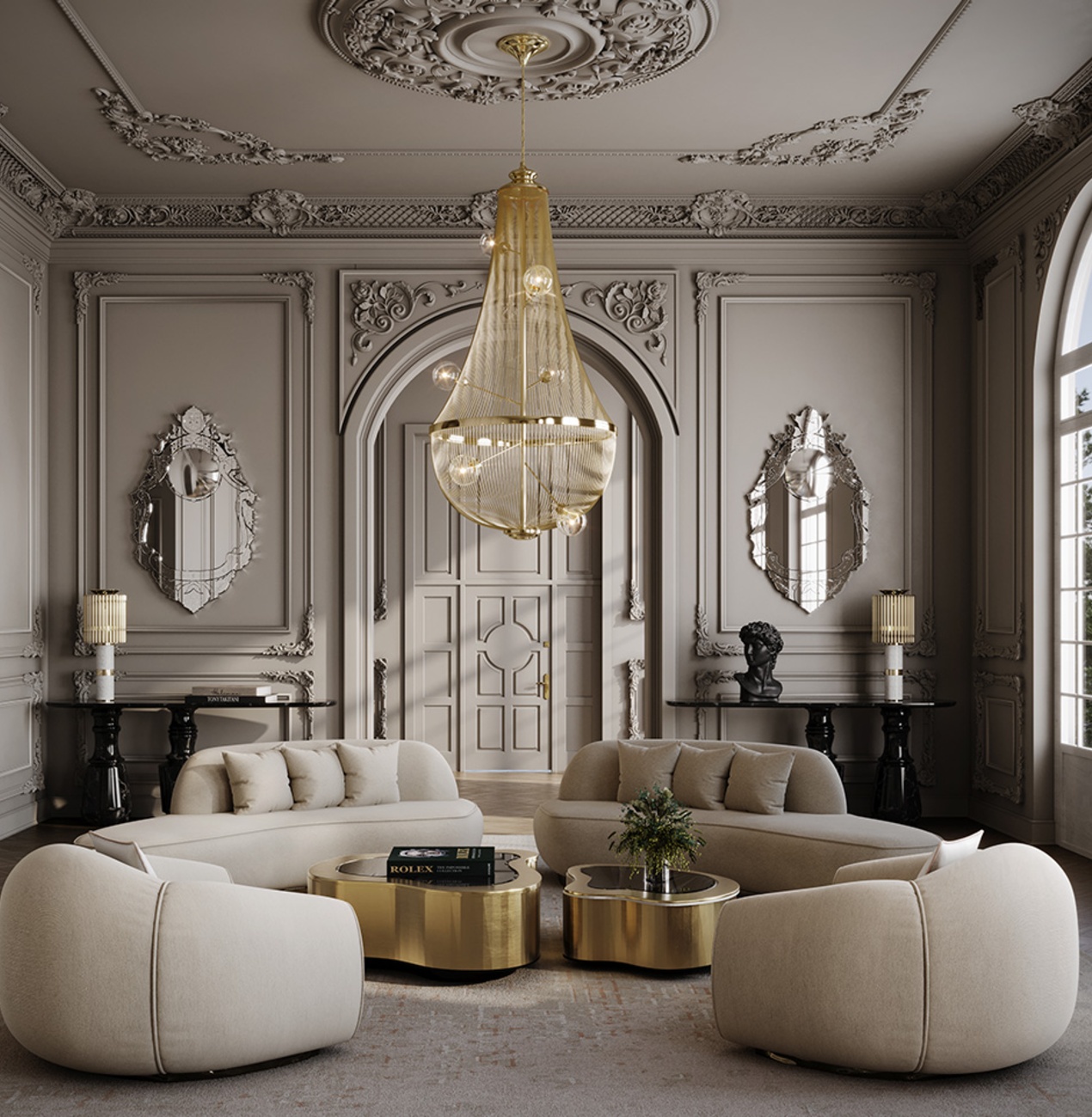 Neutral luxury living room with curved sofas and golden wave coffee table by Boca do Lobo